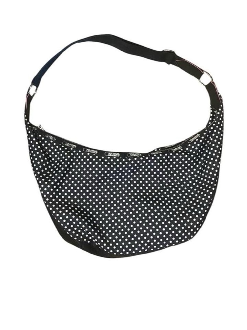 le sportsac black and white polka dot crescent shaped crossbody bag